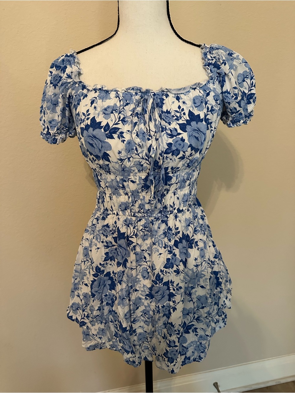 Trixxi Blue and White Floral Off-Shoulder Romper